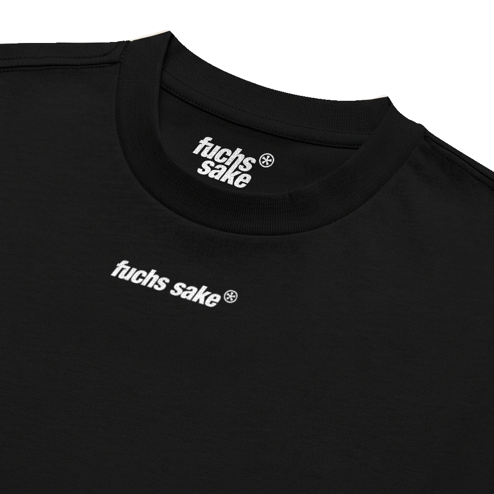 Black t-shirt with 'fuchs sake' logo on a white background