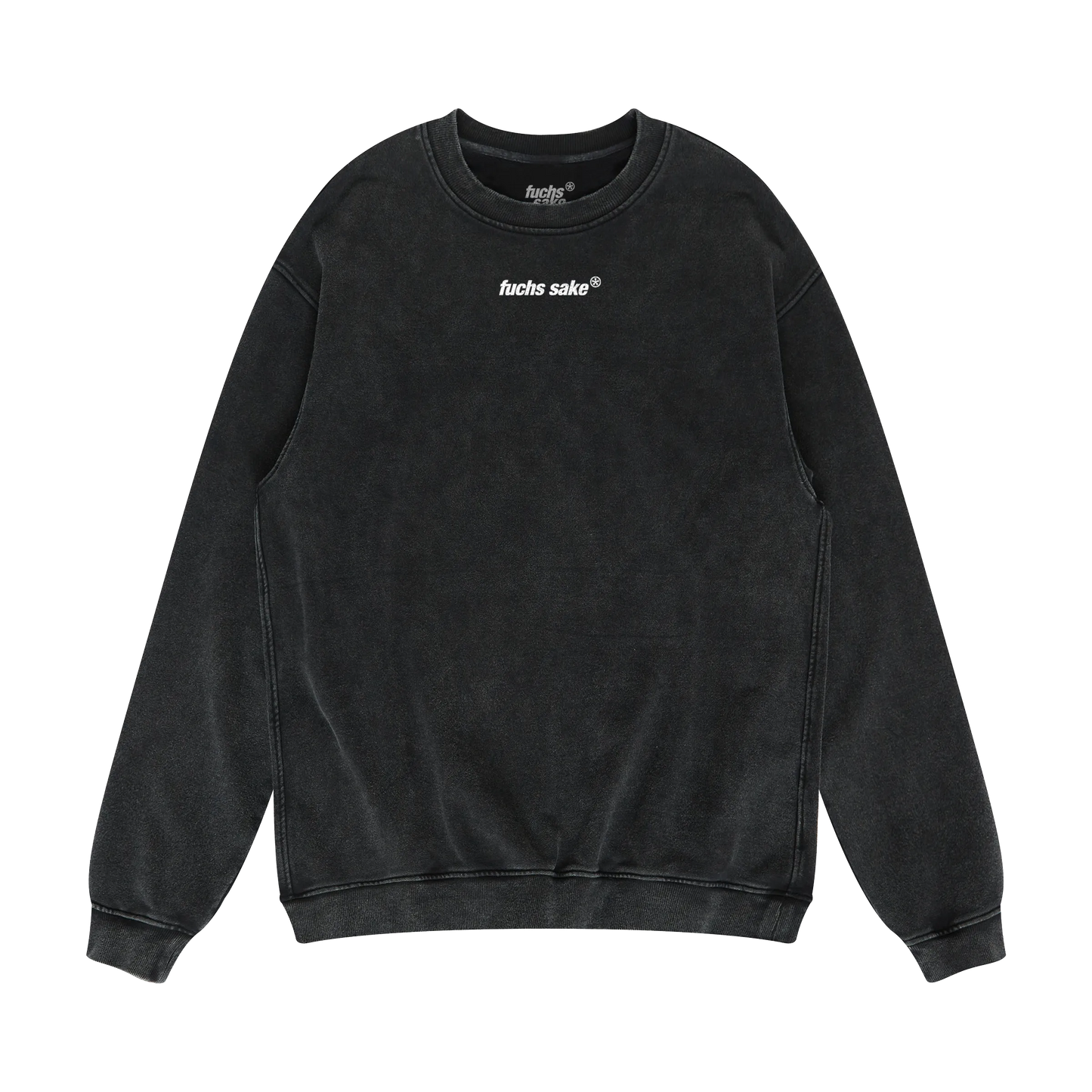 Black sweatshirt with white text "Fuchs Sake" on a white background