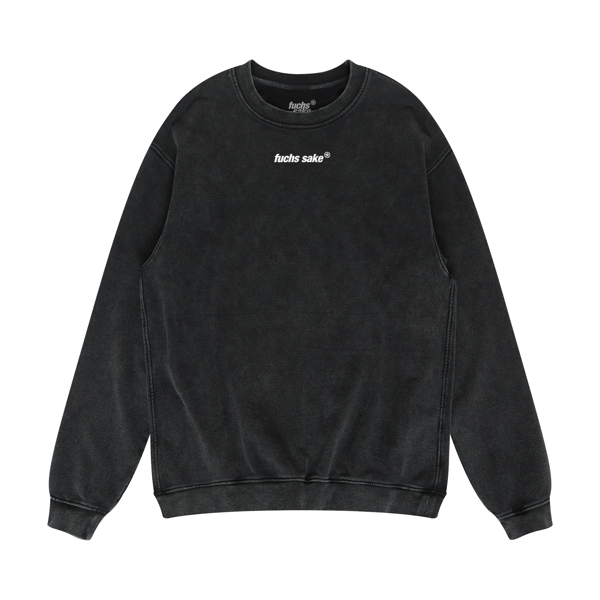Black sweatshirt with white text "Fuchs Sake" on a white background