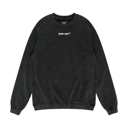 Black sweatshirt with white text "Fuchs Sake" on a white background