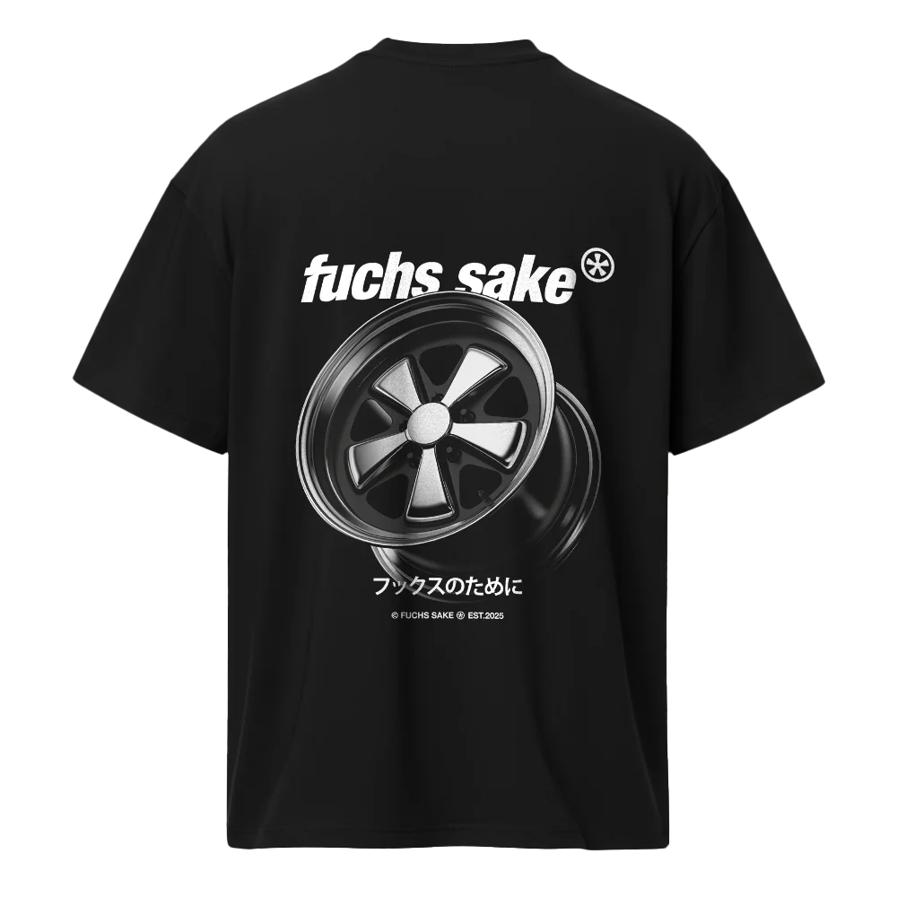 Black t-shirt with 'fuchs sake' graphic and fuchs wheel on a white background