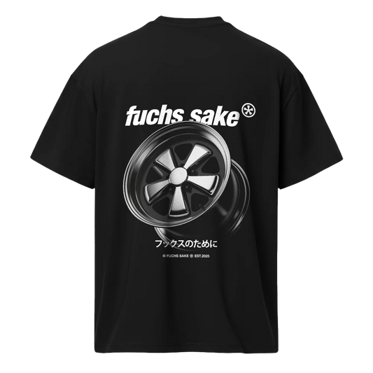 Black t-shirt with 'fuchs sake' graphic and fuchs wheel on a white background