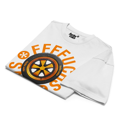 White sweatshirt with orange text and a black and orange wheel graphic on a white background