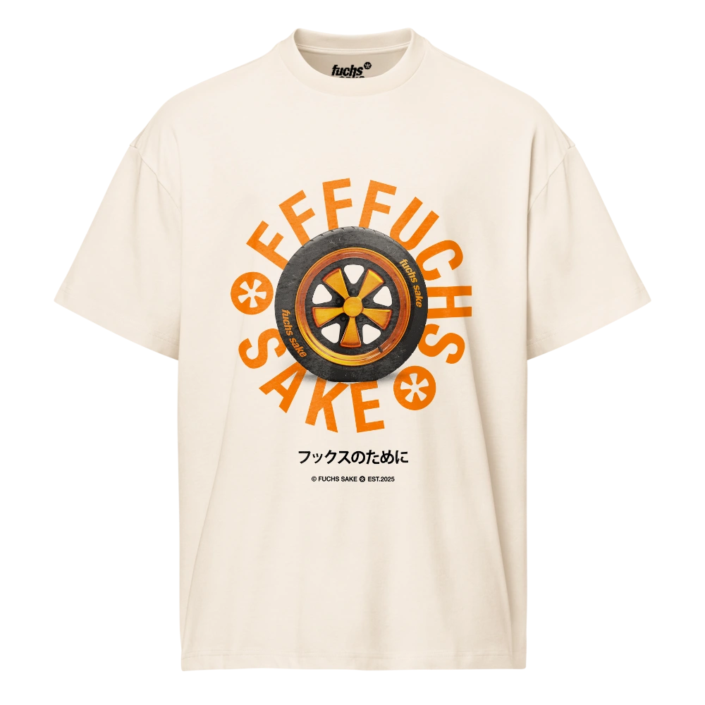 Beige t-shirt with a graphic design featuring a fuchs wheel and text reading Fuchs Sake on white background
