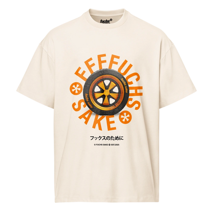 Beige t-shirt with a graphic design featuring a fuchs wheel and text reading Fuchs Sake on white background