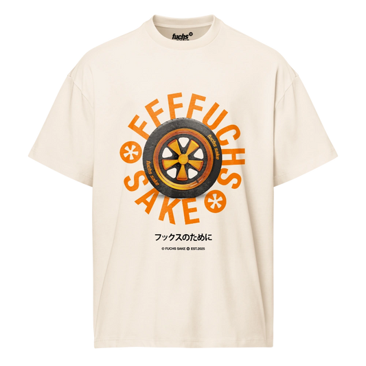 Beige t-shirt with a graphic design featuring a fuchs wheel and text reading Fuchs Sake on white background
