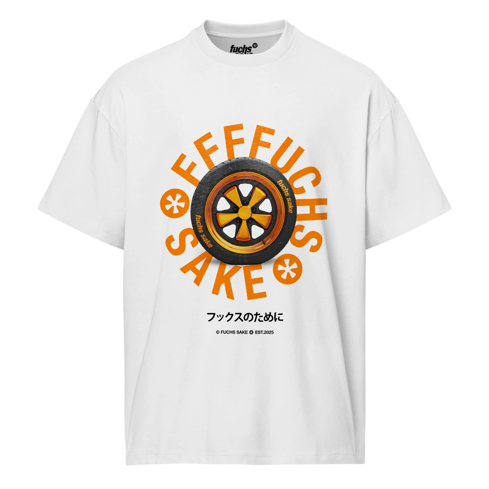 White t-shirt with a graphic design featuring a fuchs wheel and text reading Fuchs Sake on white background