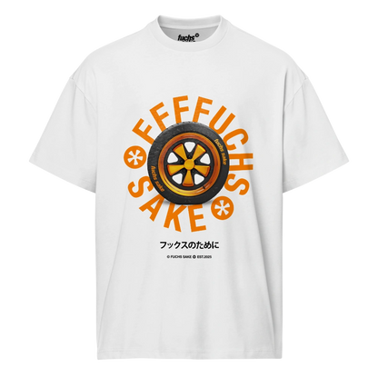 White t-shirt with a graphic design featuring a fuchs wheel and text reading Fuchs Sake on white background
