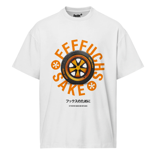 White t-shirt with a graphic design featuring a fuchs wheel and text reading Fuchs Sake on white background
