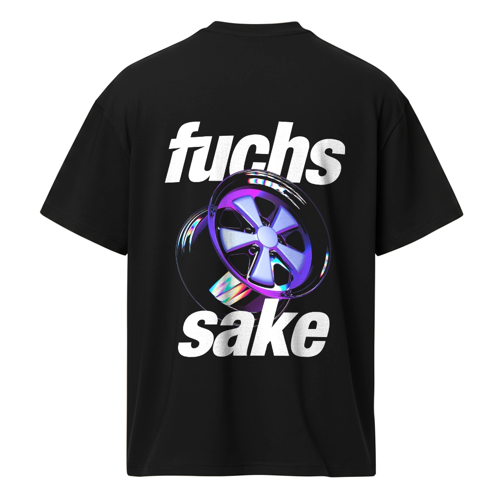 Black t-shirt with 'fuchs sake' logo and Fuchs Wheel design on a white background 