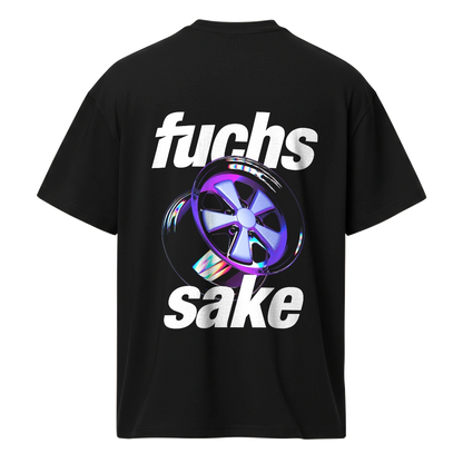Black t-shirt with 'fuchs sake' logo and Fuchs Wheel design on a white background 