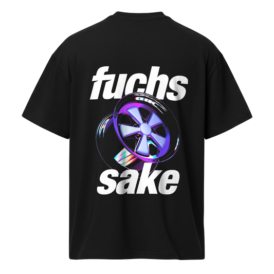 Black t-shirt with 'fuchs sake' logo and Fuchs Wheel design on a white background 
