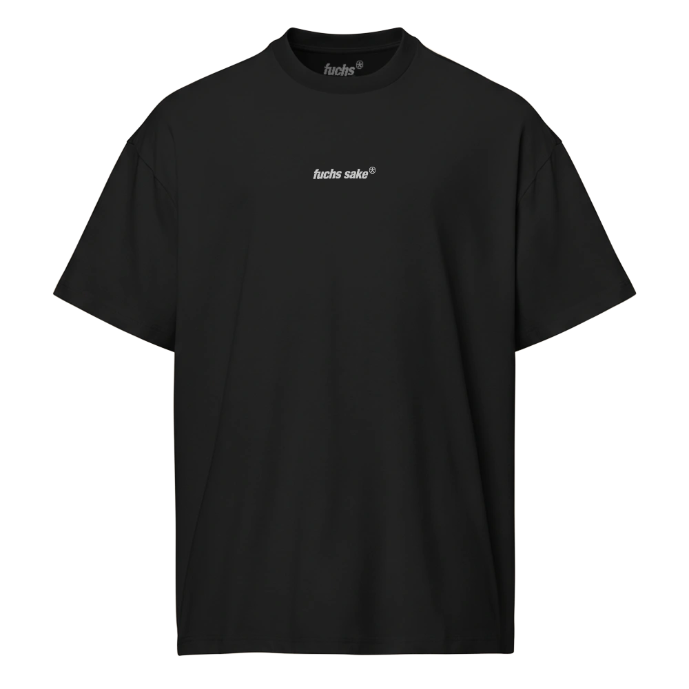 Black t-shirt with a logo on the chest against a white background