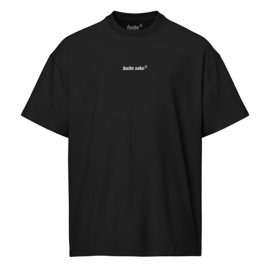 Black t-shirt with a logo on the chest against a white background