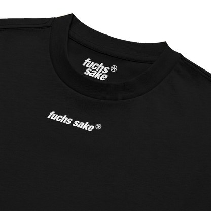 Black t-shirt with 'fuchs sake' logo on a white background