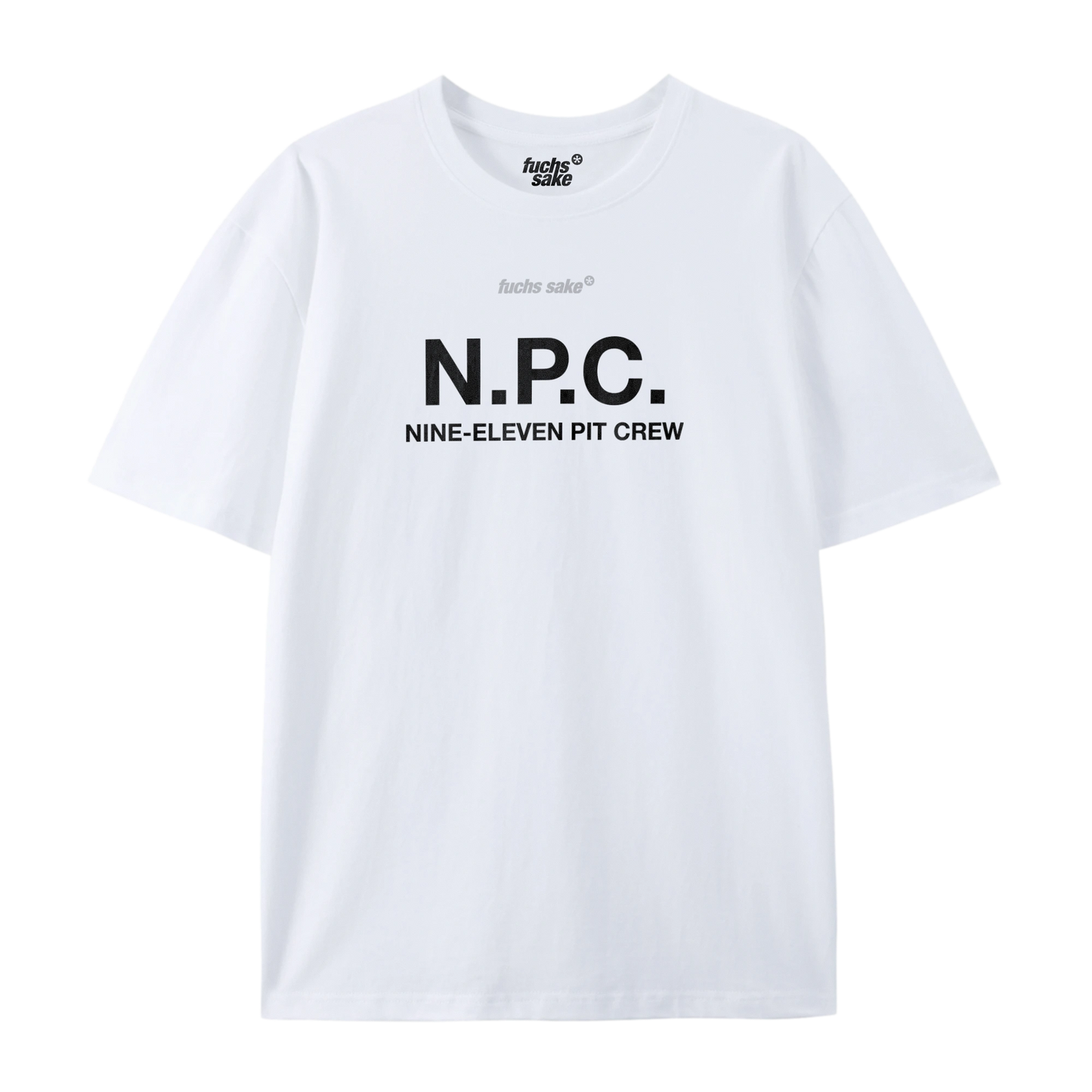 White t-shirt with 'N.P.C. NINE-ELEVEN PIT CREW' text on a white background