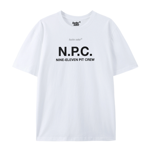 White t-shirt with 'N.P.C. NINE-ELEVEN PIT CREW' text on a white background