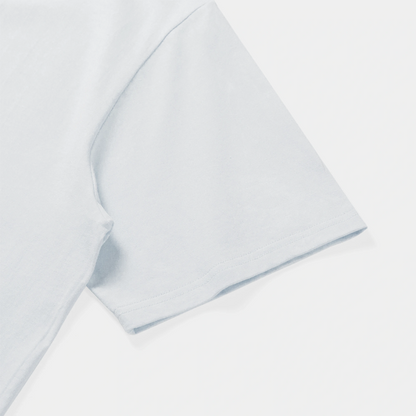 White shirt with light blue trim on a white background