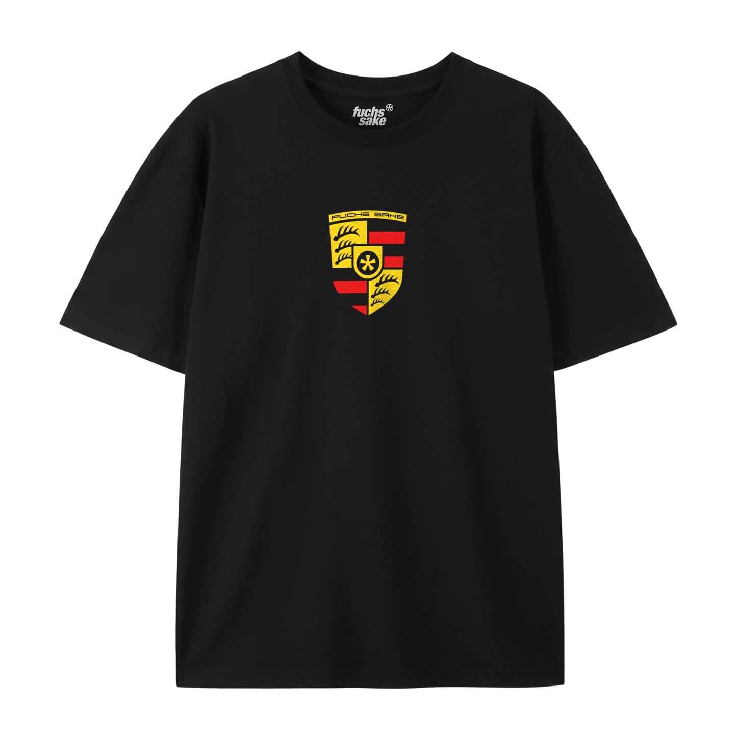 Black tshirt,  featuring a Porsche like emblem reading Fuchs Sake