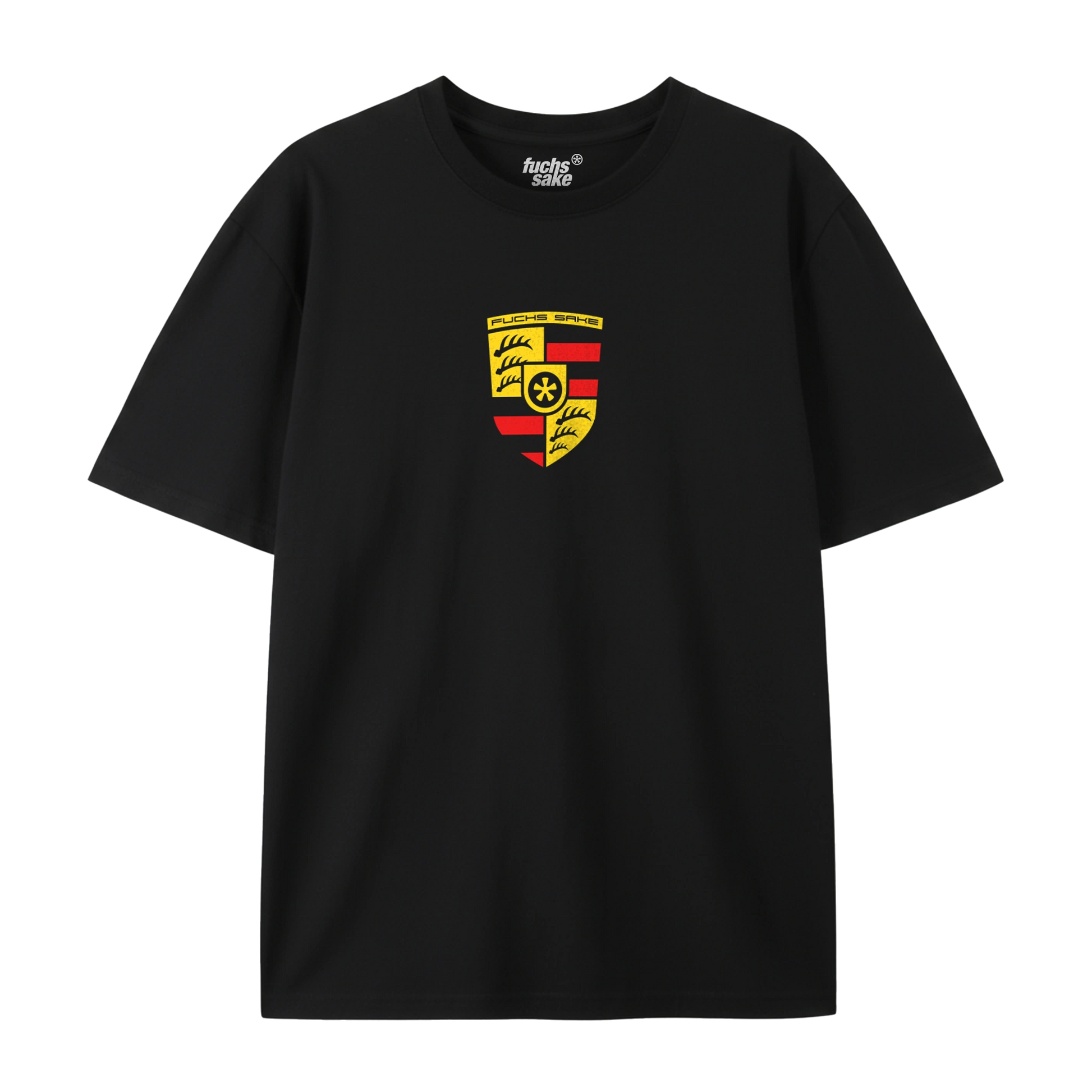 Black tshirt,  featuring a Porsche like emblem reading Fuchs Sake