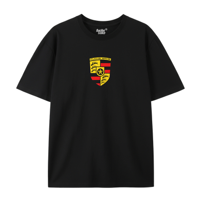 Black tshirt,  featuring a Porsche like emblem reading Fuchs Sake